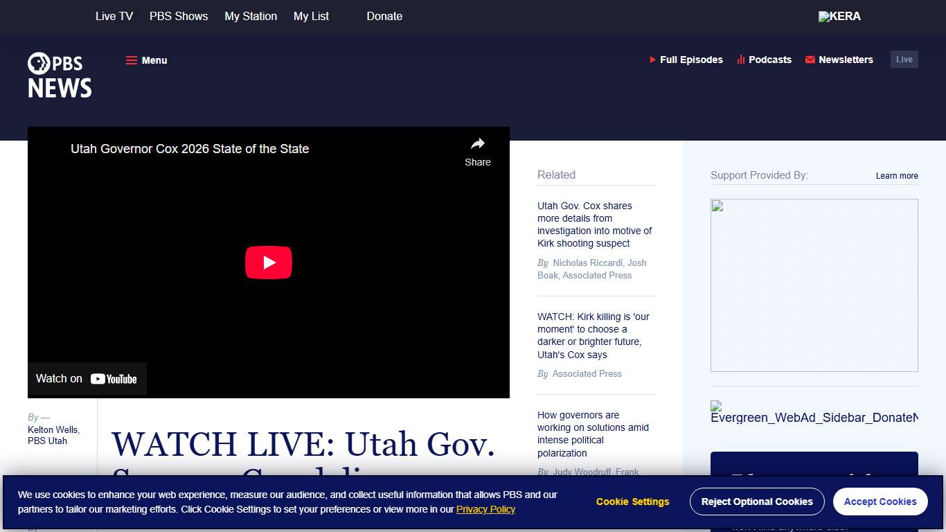 WATCH LIVE: Utah Gov. Spencer Cox delivers 2026 State of the State address PBS News