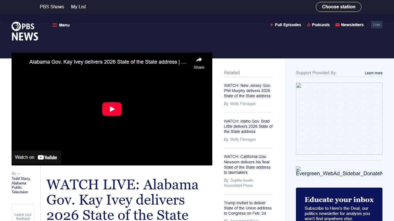 WATCH LIVE: Alabama Gov. Kay Ivey delivers 2026 State of the State address PBS News