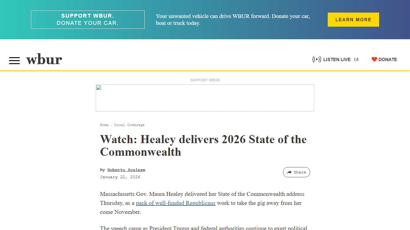 Watch: Healey delivers 2026 State of the Commonwealth WBUR News